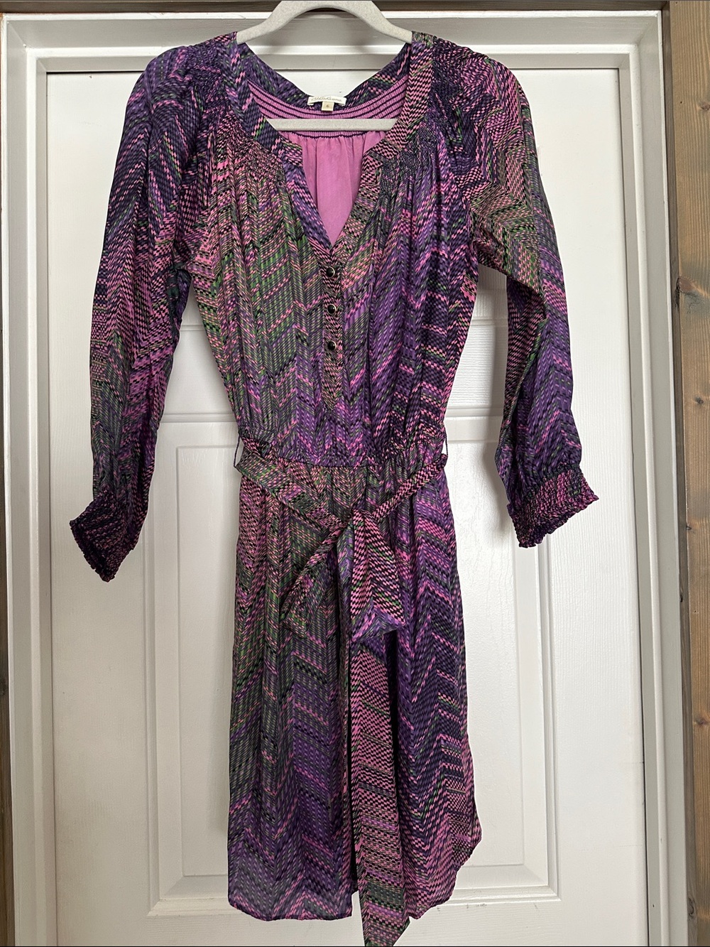 Shoshanna Purple Multi-Print Long Sleeve Tie-Waist Dress
